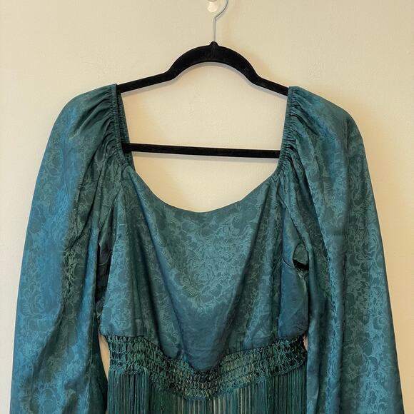 Buckle L green bell sleeve blouse Victorian fringe crop top metallic floral boho - Picture 2 of 7